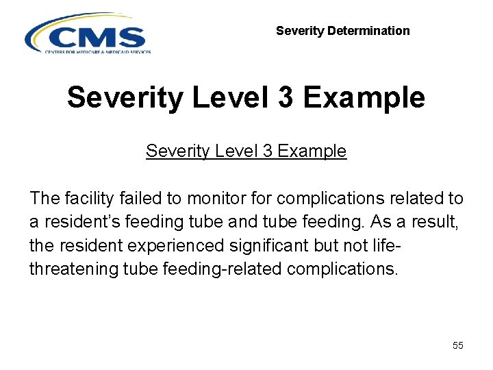 Severity Determination Severity Level 3 Example The facility failed to monitor for complications related