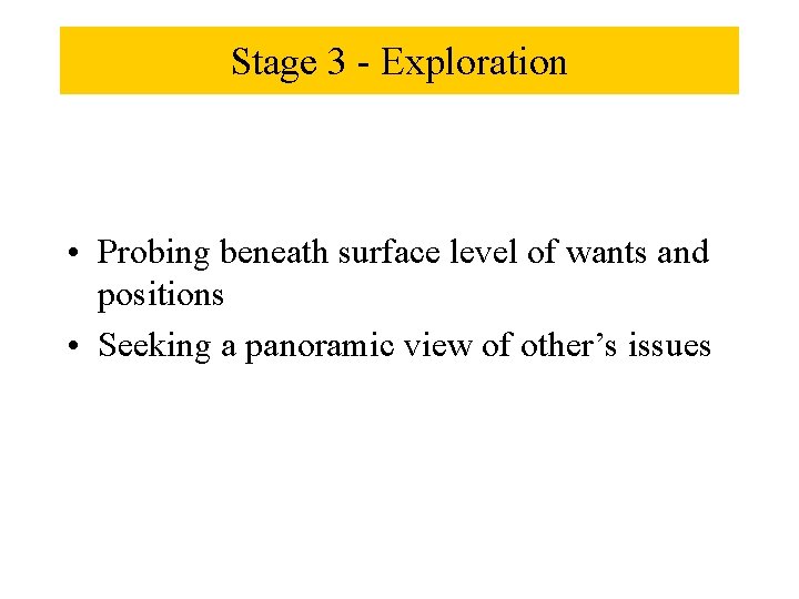 Stage 3 - Exploration • Probing beneath surface level of wants and positions •