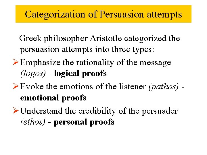 Categorization of Persuasion attempts Greek philosopher Aristotle categorized the persuasion attempts into three types:
