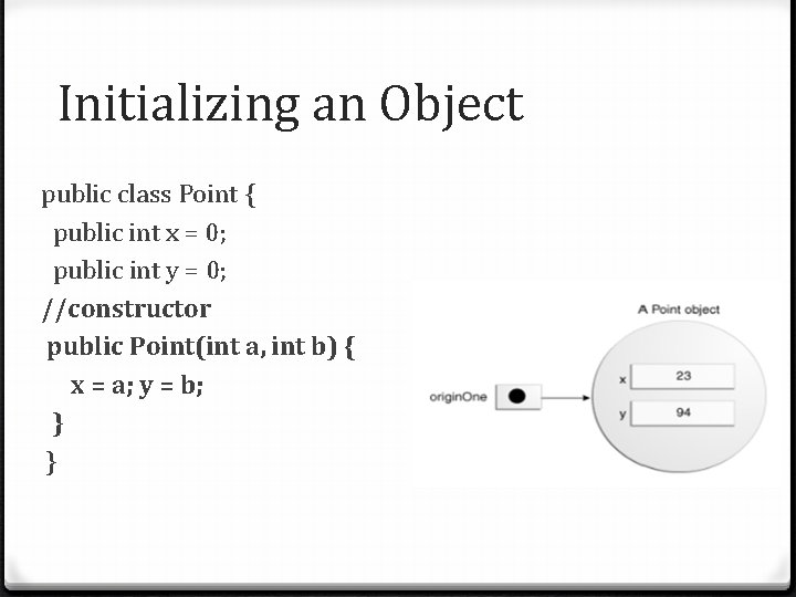 Initializing an Object public class Point { public int x = 0; public int