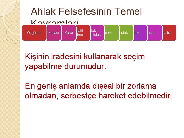 Ahlak Felsefesinin Temel Kavramları Ahlaki Karar Özgürlük Erdem Mutluluk Ödev Ahlak Yasası Eylem. Sorumluluk