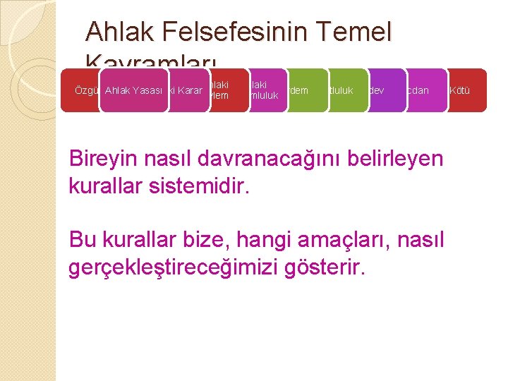 Ahlak Felsefesinin Temel Kavramları Ahlaki Karar Özgürlük Erdem Mutluluk Ödev Ahlak Yasası Eylem. Sorumluluk