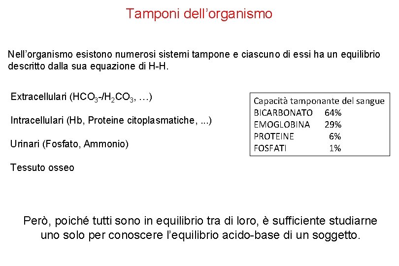 Tamponi dell’organismo Nell’organismo esistono numerosi sistemi tampone e ciascuno di essi ha un equilibrio