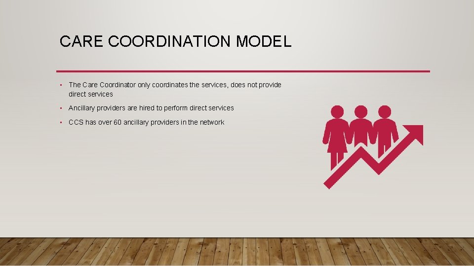 CARE COORDINATION MODEL • The Care Coordinator only coordinates the services, does not provide