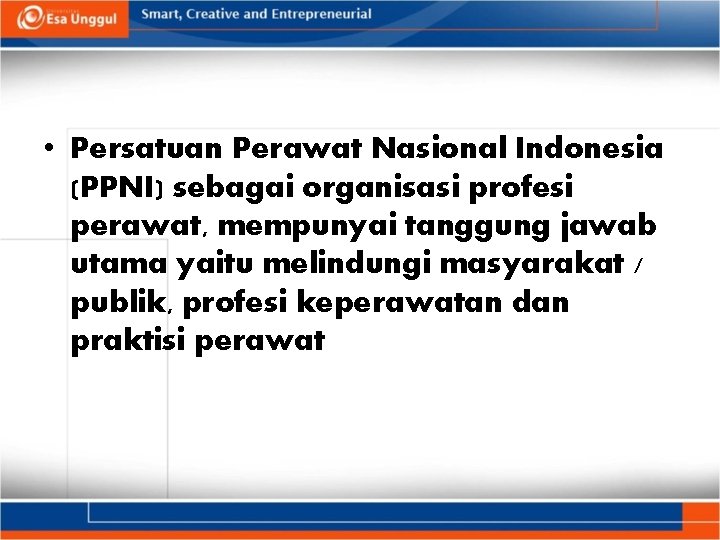  • Persatuan Perawat Nasional Indonesia (PPNI) sebagai organisasi profesi perawat, mempunyai tanggung jawab