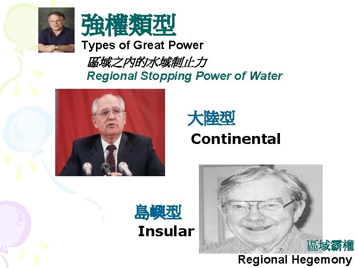 強權類型 Types of Great Power 區域之內的水域制止力 Regional Stopping Power of Water 大陸型 Continental 島嶼型