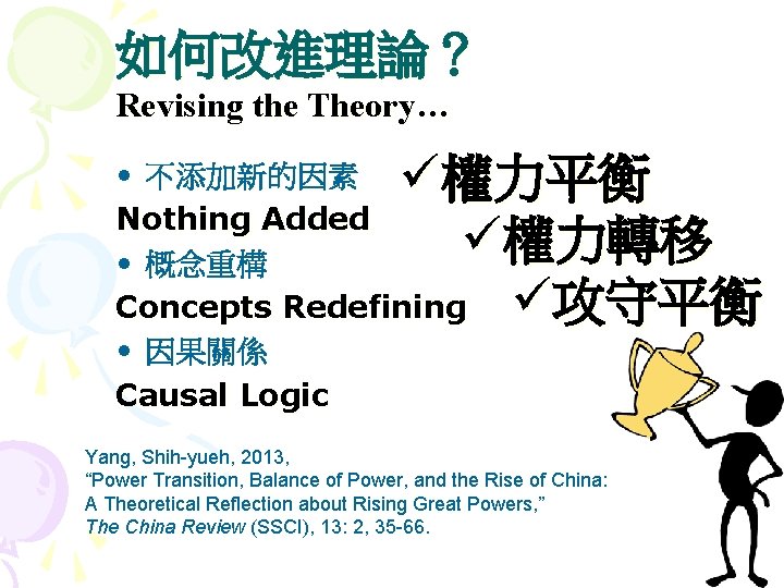 如何改進理論？ Revising the Theory… ü權力平衡 ü權力轉移 ü攻守平衡 • 不添加新的因素 Nothing Added • 概念重構 Concepts