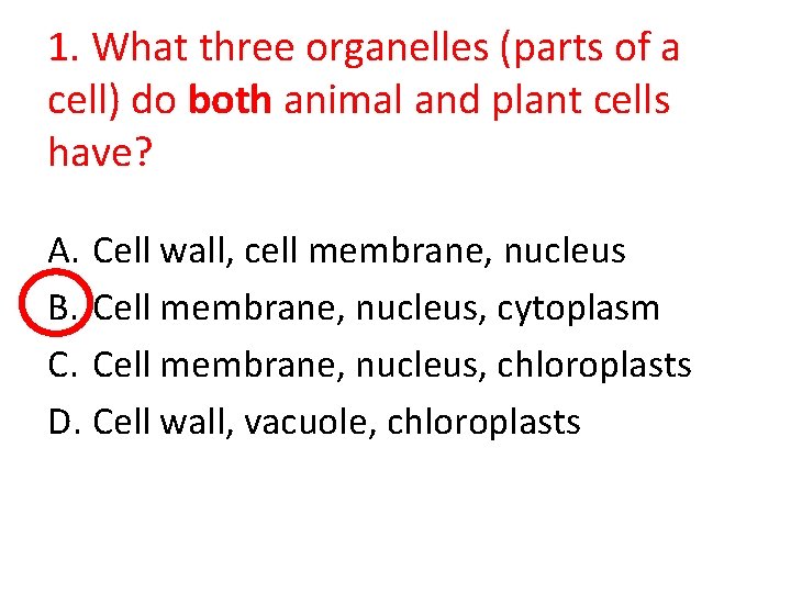 1. What three organelles (parts of a cell) do both animal and plant cells