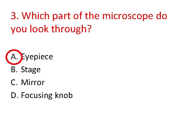 3. Which part of the microscope do you look through? A. Eyepiece B. Stage