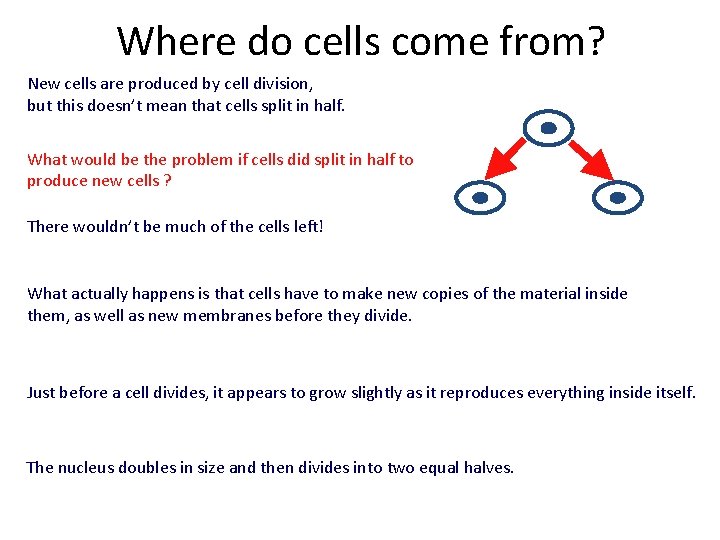 Where do cells come from? New cells are produced by cell division, but this