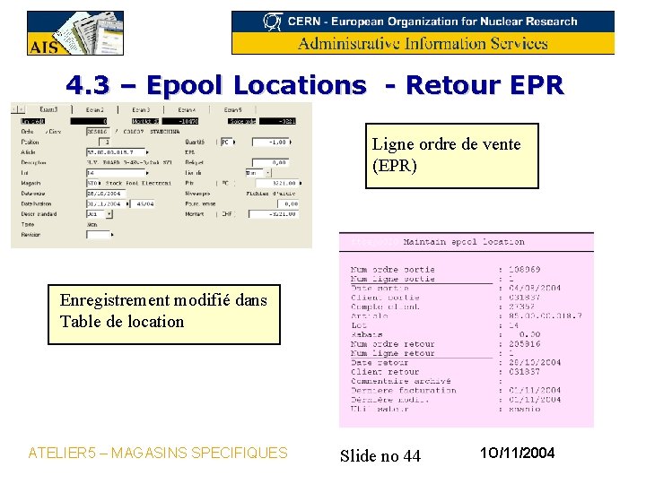 4. 3 – Epool Locations - Retour EPR Ligne ordre de vente (EPR) Enregistrement