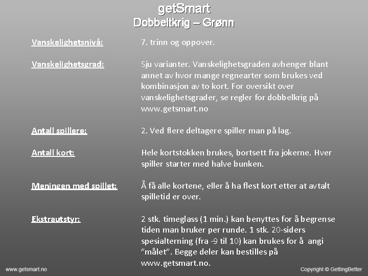 get. Smart Dobbeltkrig – Grønn Vanskelighetsnivå: 7. trinn og oppover. Vanskelighetsgrad: Sju varianter. Vanskelighetsgraden get. Smart Dobbeltkrig – Grønn Vanskelighetsnivå: 7. trinn og oppover. Vanskelighetsgrad: Sju varianter. Vanskelighetsgraden