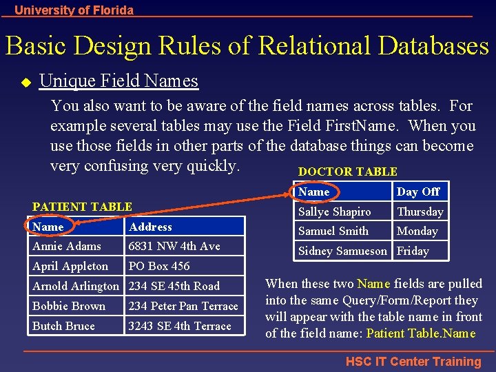 University of Florida Basic Design Rules of Relational Databases u Unique Field Names You