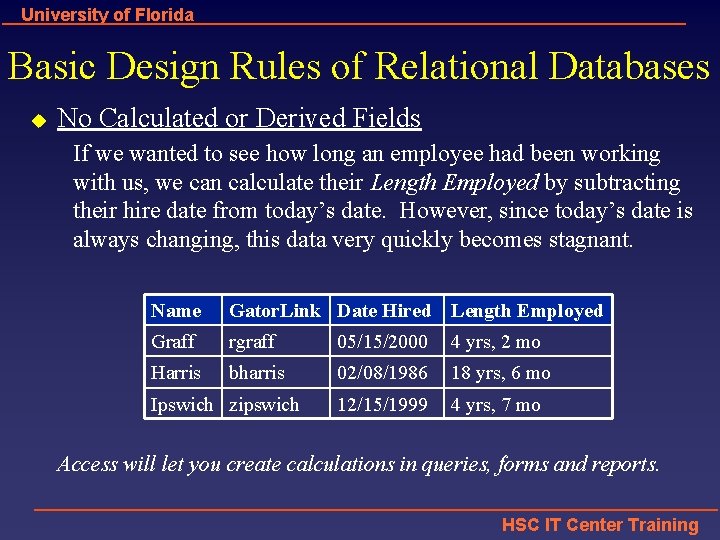 University of Florida Basic Design Rules of Relational Databases u No Calculated or Derived