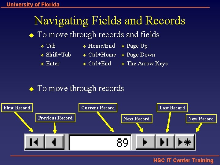 University of Florida Navigating Fields and Records u To move through records and fields
