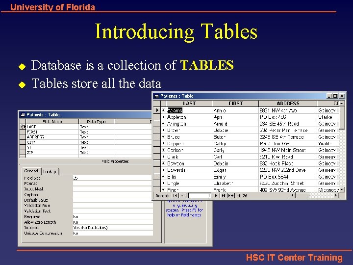 University of Florida Introducing Tables u u Database is a collection of TABLES Tables