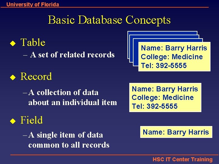 University of Florida Basic Database Concepts u Table – A set of related records