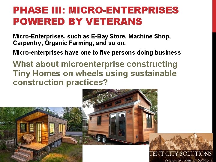 PHASE III: MICRO-ENTERPRISES POWERED BY VETERANS Micro-Enterprises, such as E-Bay Store, Machine Shop, Carpentry,
