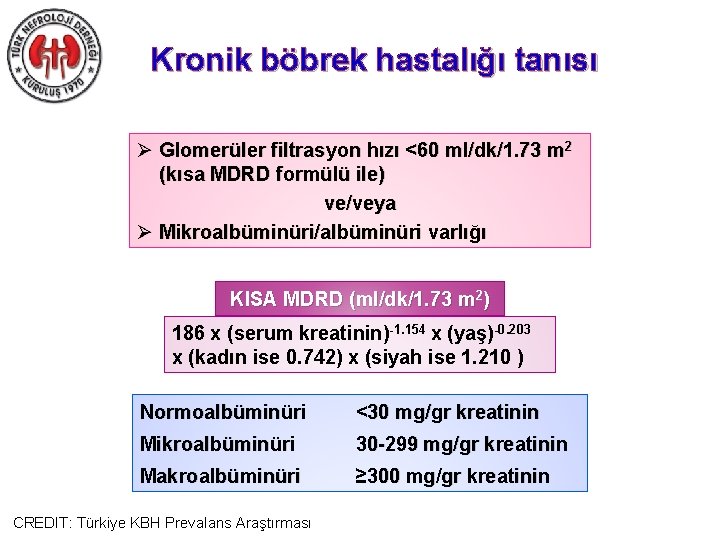 Kronik böbrek hastalığı tanısı Ø Glomerüler filtrasyon hızı <60 ml/dk/1. 73 m 2 (kısa