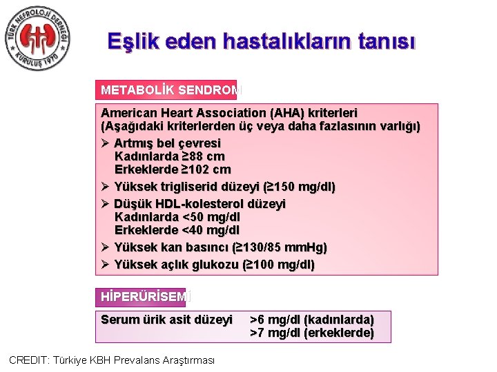 Eşlik eden hastalıkların tanısı METABOLİK SENDROM American Heart Association (AHA) kriterleri (Aşağıdaki kriterlerden üç