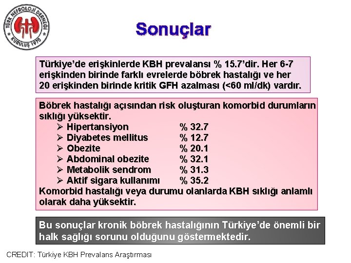 Sonuçlar Türkiye’de erişkinlerde KBH prevalansı % 15. 7’dir. Her 6 -7 erişkinden birinde farklı