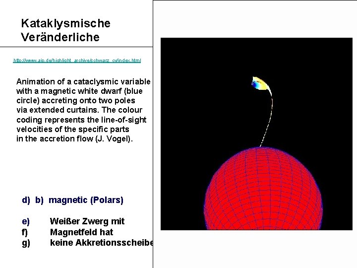 Kataklysmische Veränderliche CV cataclysmic variables http: //www. aip. de/highlight_archive/schwarz_cv/index. html Unterscheidung: Animation of a