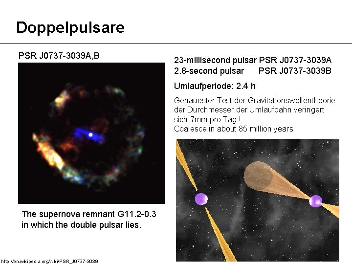 Doppelpulsare PSR J 0737 -3039 A, B 23 -millisecond pulsar PSR J 0737 -3039