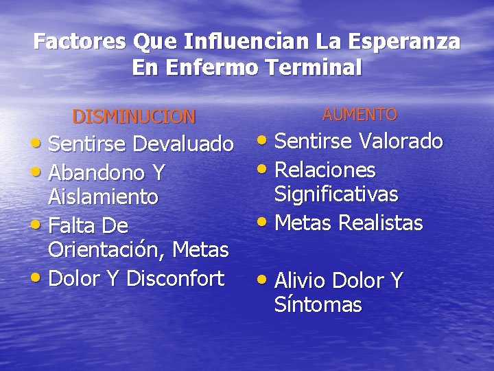 Factores Que Influencian La Esperanza En Enfermo Terminal DISMINUCION AUMENTO • Sentirse Devaluado •