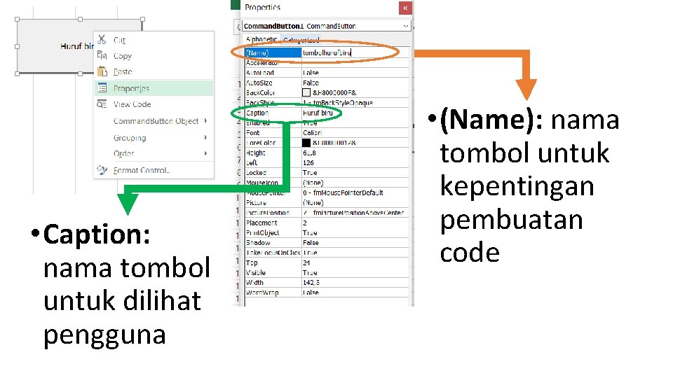  • Caption: nama tombol untuk dilihat pengguna • (Name): nama tombol untuk kepentingan