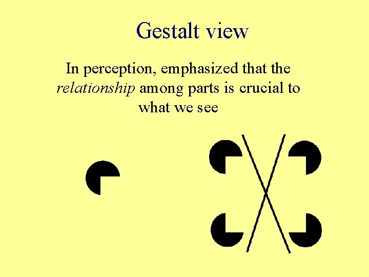 Gestalt view In perception, emphasized that the relationship among parts is crucial to what