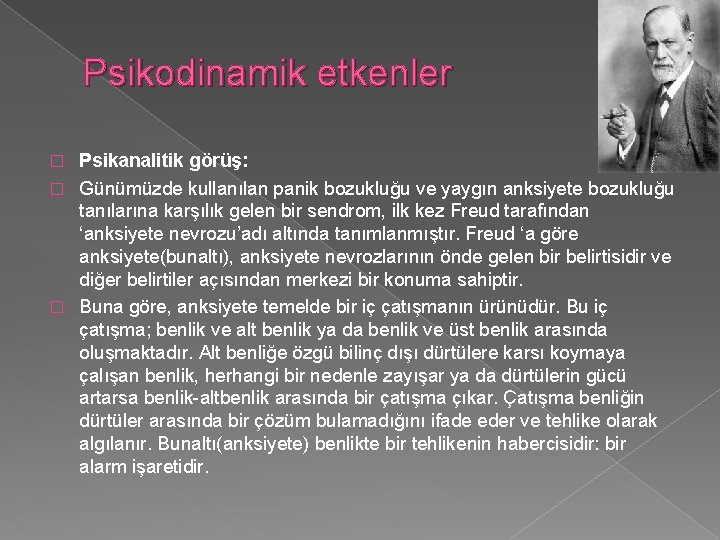 Psikodinamik etkenler Psikanalitik görüş: � Günümüzde kullanılan panik bozukluğu ve yaygın anksiyete bozukluğu tanılarına