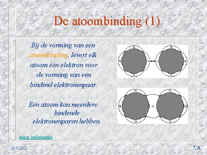 De atoombinding (1) Bij de vorming van een atoombinding, levert elk atoom één elektron