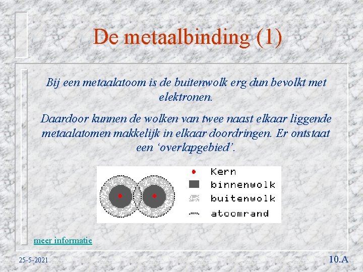 De metaalbinding (1) Bij een metaalatoom is de buitenwolk erg dun bevolkt met elektronen.