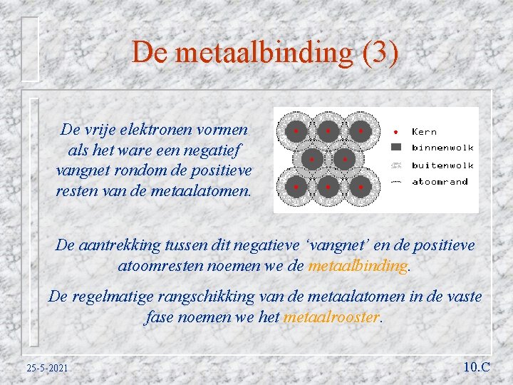 De metaalbinding (3) De vrije elektronen vormen als het ware een negatief vangnet rondom