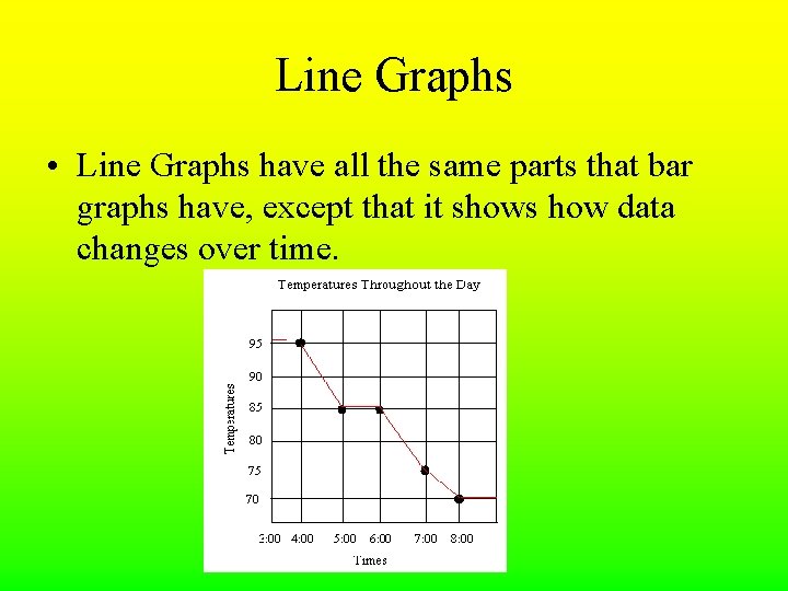 Line Graphs • Line Graphs have all the same parts that bar graphs have, Line Graphs • Line Graphs have all the same parts that bar graphs have,