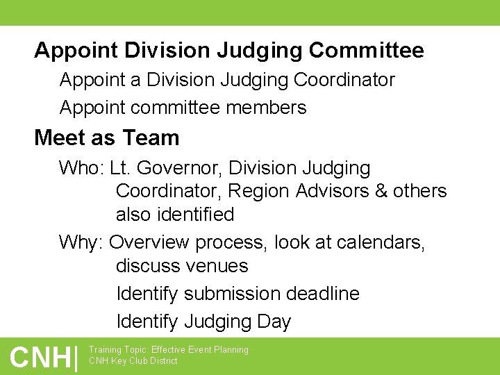 Appoint Division Judging Committee Appoint a Division Judging Coordinator Appoint committee members Meet as