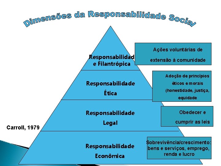 Ações voluntárias de Responsabilidad e Filantrópica extensão à comunidade Adoção de princípios Carroll, 1979
