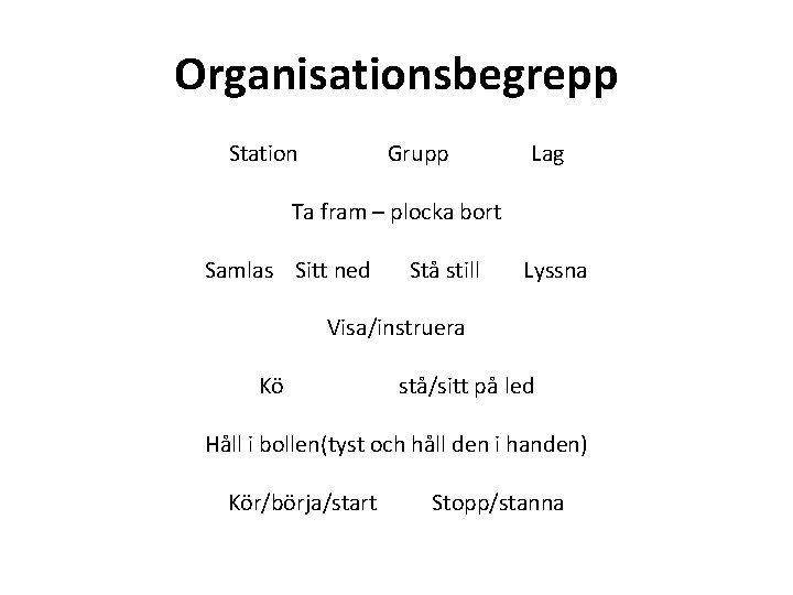 Organisationsbegrepp Station Grupp Lag Ta fram – plocka bort Samlas Sitt ned Stå still