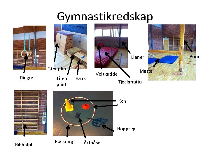 Gymnastikredskap Lianer Stor plint Ringar Liten plint Bänk Matta Voltkudde Tjockmatta Kon Hopprep Ribbstol