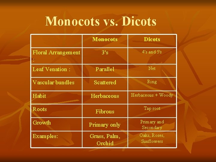 Monocots vs. Dicots Monocots Dicots 3's 4's and 5's Parallel Net Scattered Ring Habit