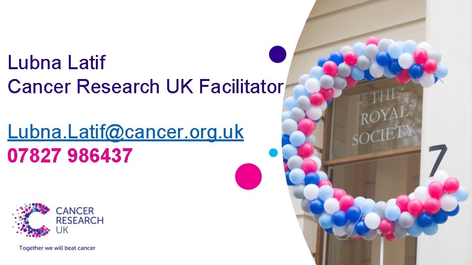 Lubna Latif Cancer Research UK Facilitator Lubna. Latif@cancer. org. uk 07827 986437 