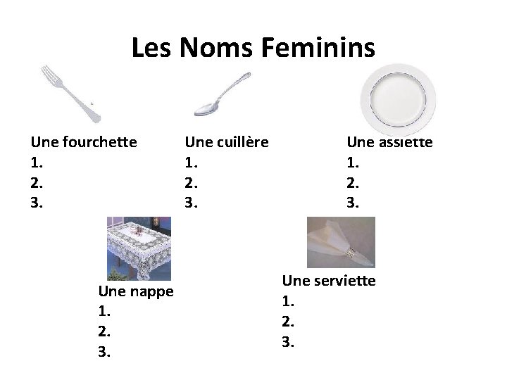 Les Noms Feminins Une fourchette 1. 2. 3. Une nappe 1. 2. 3. Une