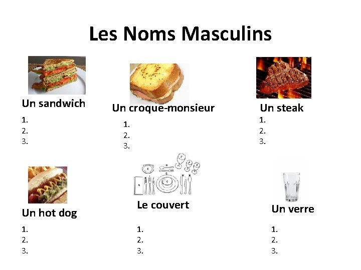 Les Noms Masculins Un sandwich 1. 2. 3. Un hot dog 1. 2. 3.