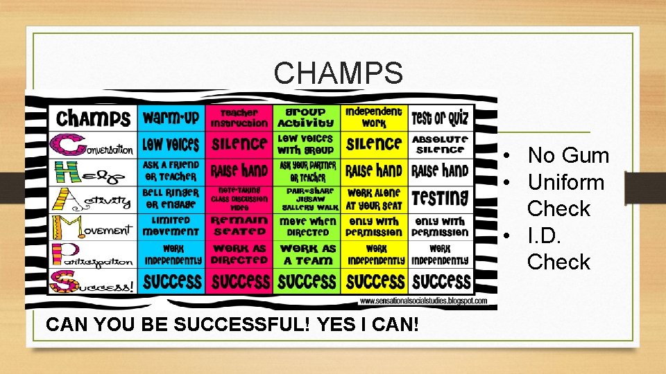 CHAMPS • No Gum • Uniform Check • I. D. Check CAN YOU BE