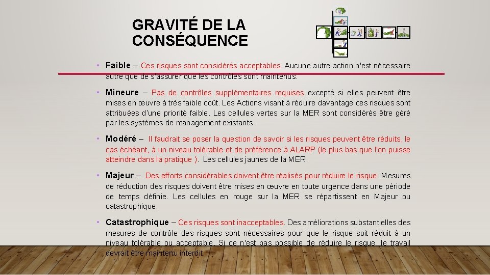 GRAVITÉ DE LA CONSÉQUENCE • Faible – Ces risques sont considérés acceptables. Aucune autre