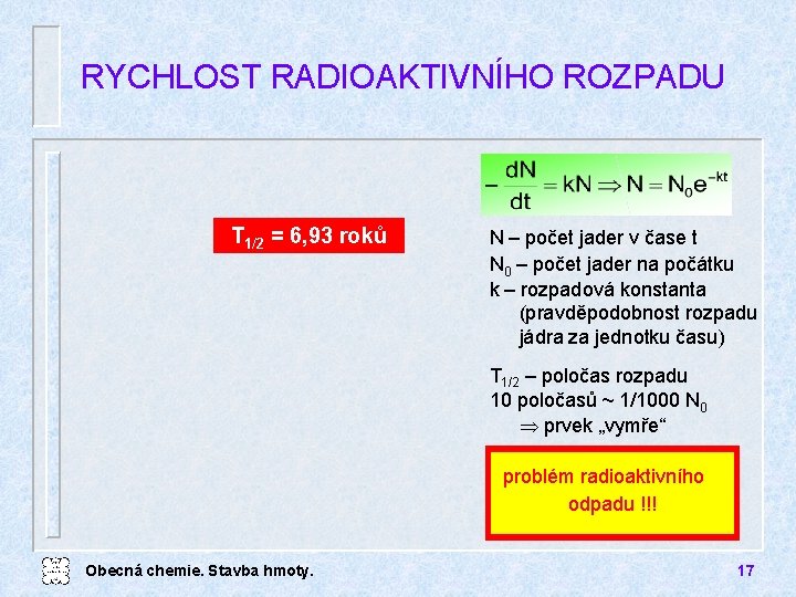 RYCHLOST RADIOAKTIVNÍHO ROZPADU T 1/2 = 6, 93 roků N – počet jader v
