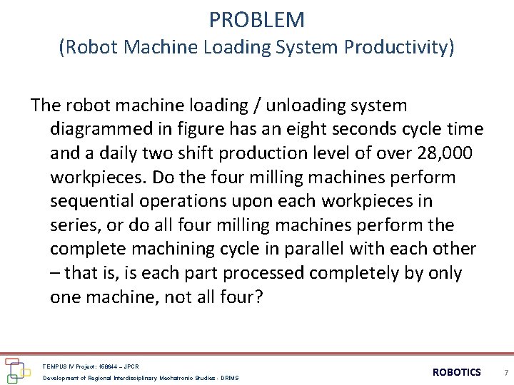 PROBLEM (Robot Machine Loading System Productivity) The robot machine loading / unloading system diagrammed