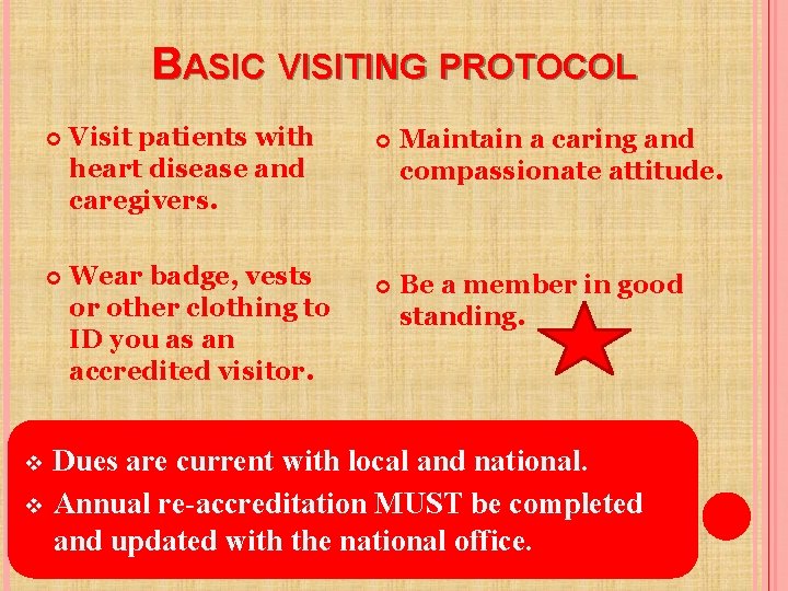 BASIC VISITING PROTOCOL v v Visit patients with heart disease and caregivers. Wear badge,