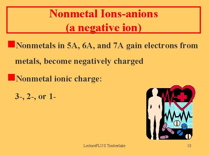Nonmetal Ions-anions (a negative ion) n. Nonmetals in 5 A, 6 A, and 7