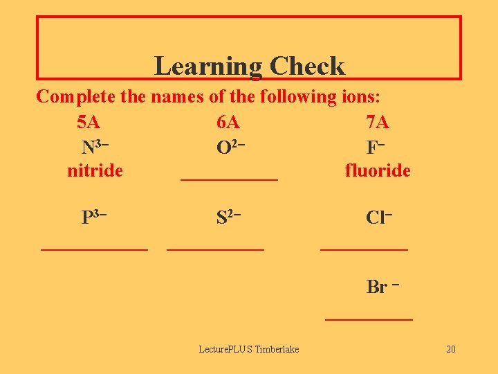 Learning Check Complete the names of the following ions: 5 A 6 A 7